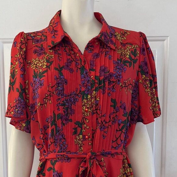 Nanette Lepore Terracotta Futter Sleeve Pintuck Floral Print Shirtdress Sz 14 - Picture 6 of 9
